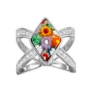 Anillo Rombo de Cristal de Murano con Circonitas en Plata 925 – Diseño abierto