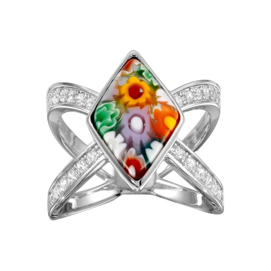 Anillo Rombo de Cristal de Murano con Circonitas en Plata 925 – Diseño abierto