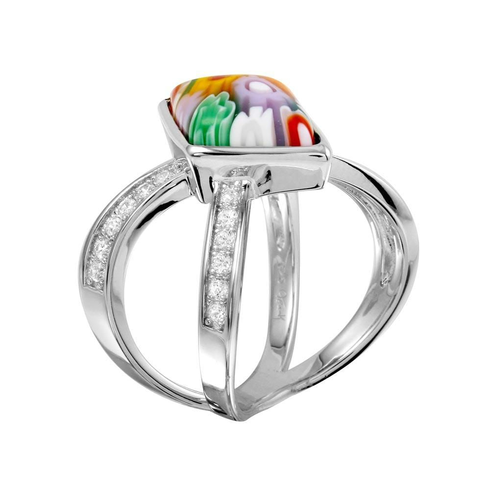 Anillo Rombo de Cristal de Murano con Circonitas en Plata 925 – Diseño abierto