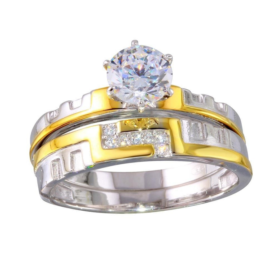 Anillos Dobles Apilables con Greca Dorada y Circonitas en Plata 925 – Dos tonos