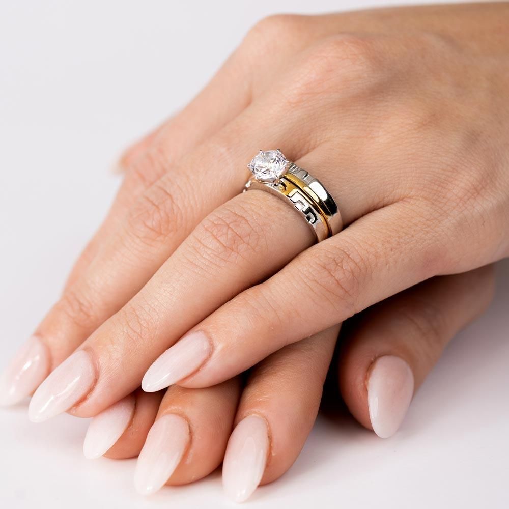 Anillos Dobles Apilables con Greca Dorada y Circonitas en Plata 925 – Dos tonos