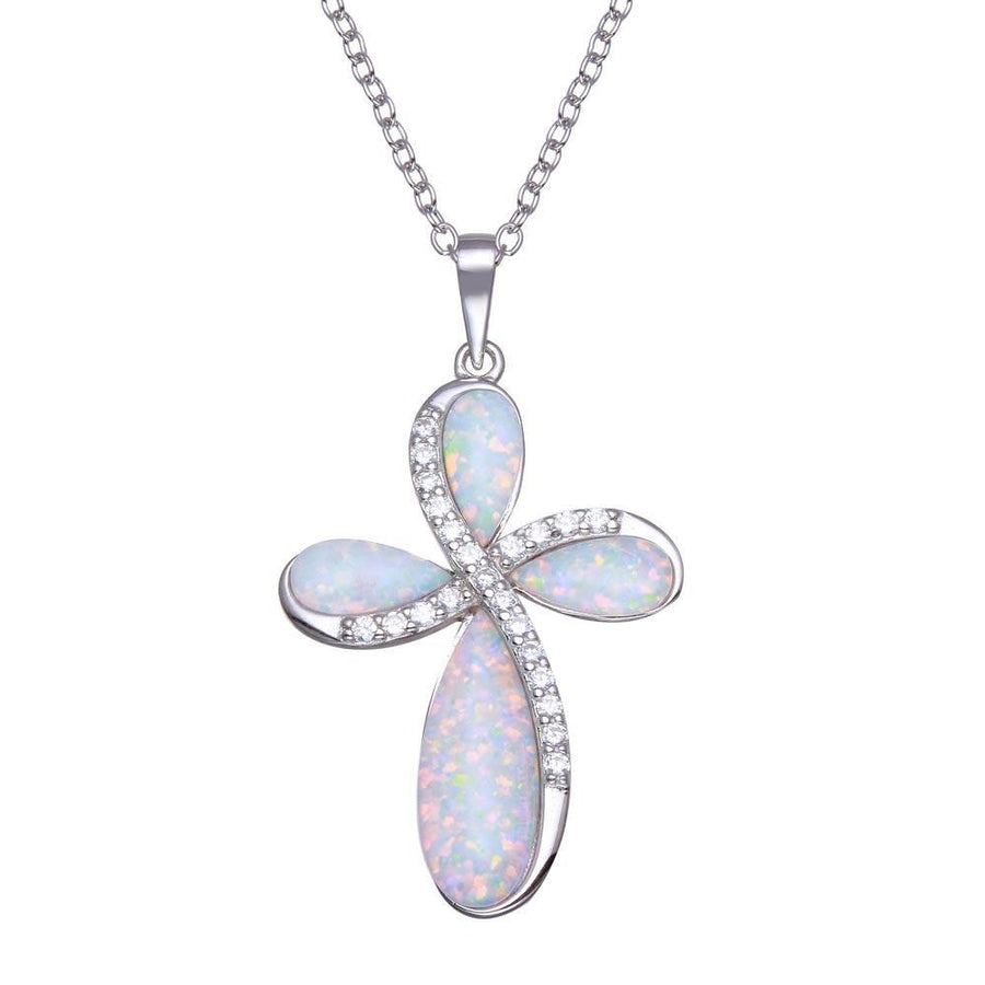 Collar Cruz de Ópalos con Zirconia en Plata 925 – Fe con brillo