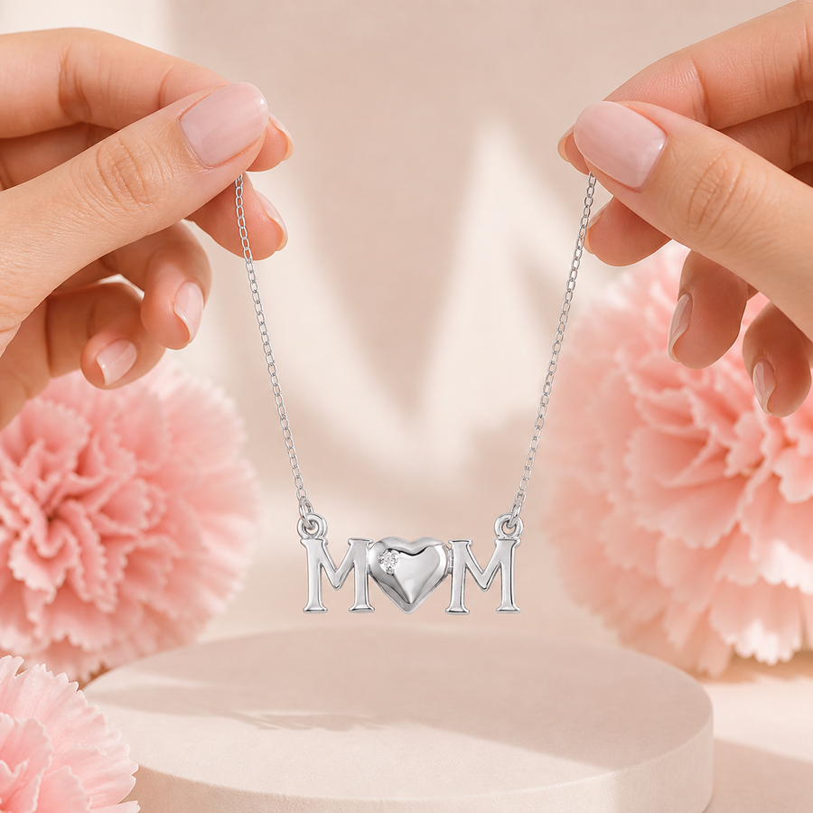 Collar "MOM" con corazón y circonia mini - Plata .925 platinada en rodio