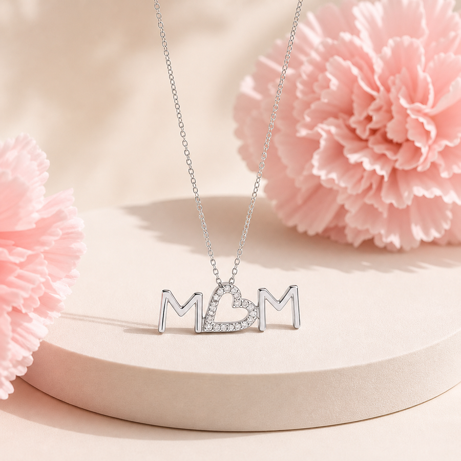 Collar "mom" con corazón micro pave - Plata .925 platinada en rodio