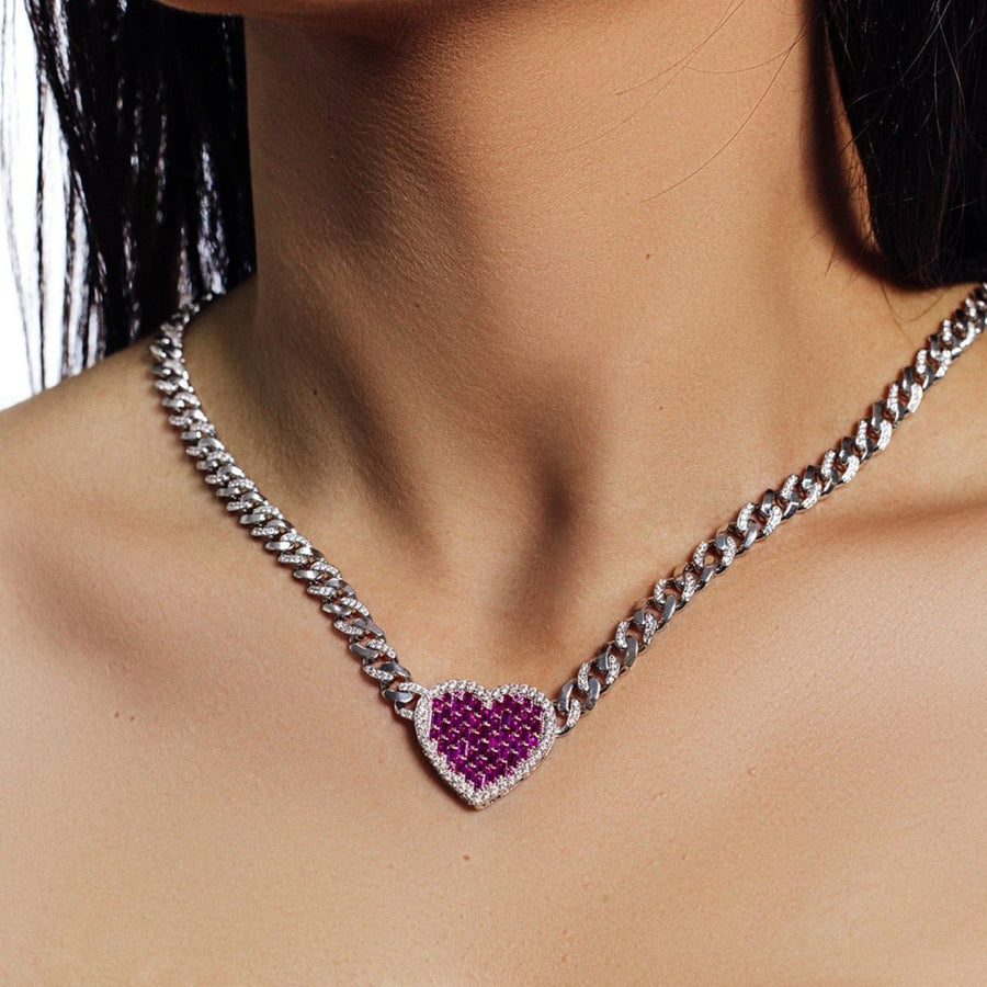 Gargantilla Cubana Miami con Corazón de Circonita - Plata 925 con Rodio