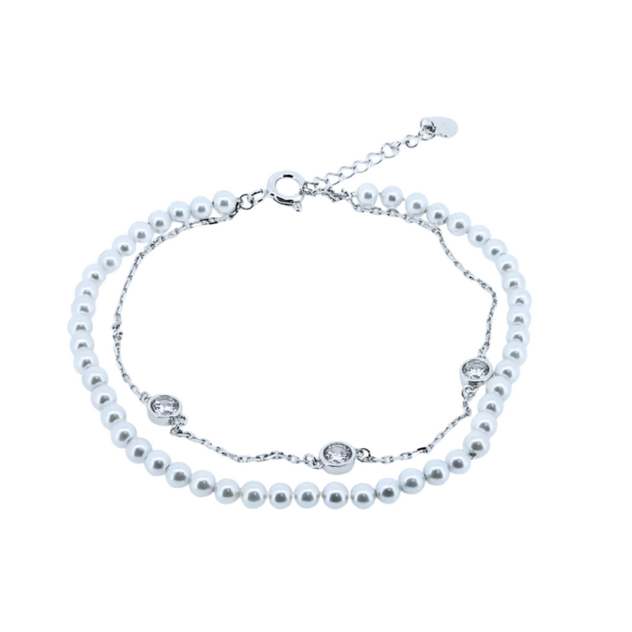 Pulsera de Perlas y Cadena doble – Plata 925 con rodio y perlas artificiales