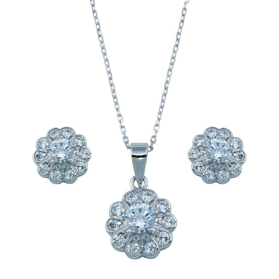 Set Flores con Zirconia Transparente en Plata 925 – Diseño floral